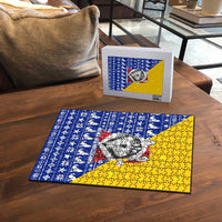 Bosnia and Herzegovina Christmas Puzzle with Husky Dog Santa Hat and Blue Yellow Snowflake Pattern - Wonder Print Shop