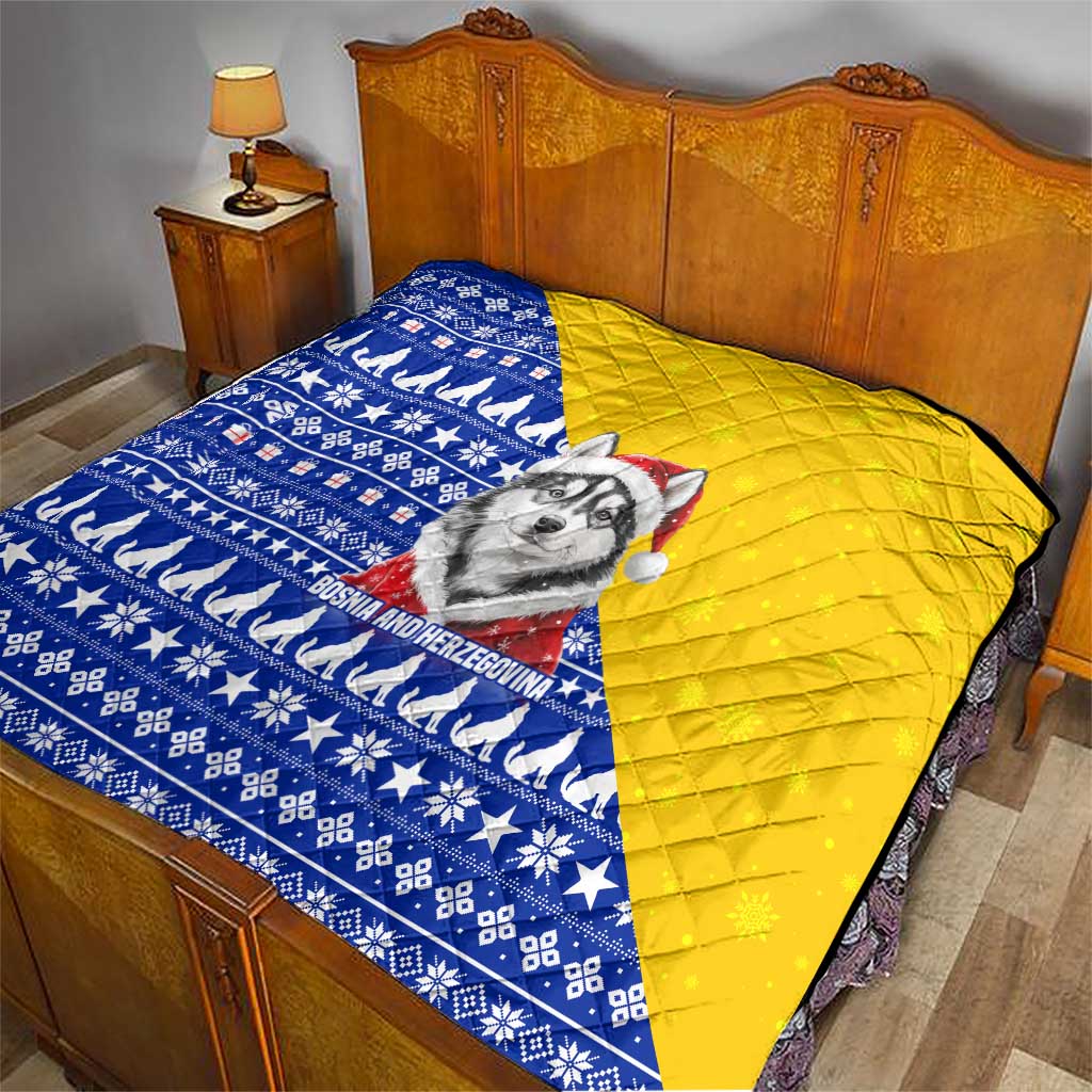 Bosnia and Herzegovina Christmas Quilt with Husky Dog Santa Hat and Blue Yellow Snowflake Pattern - Wonder Print Shop