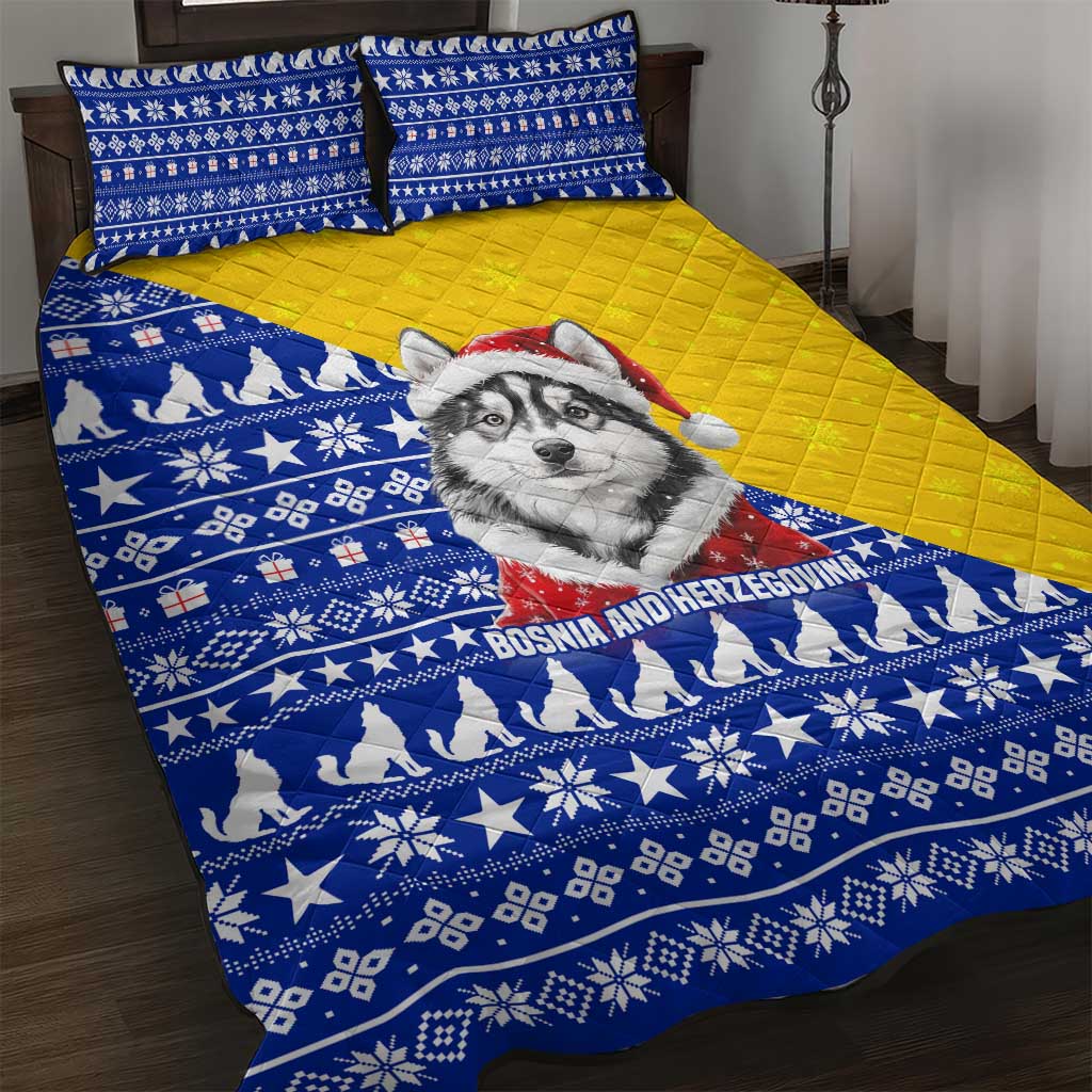Bosnia and Herzegovina Christmas Quilt Bed Set with Husky Dog Santa Hat and Blue Yellow Snowflake Pattern - Wonder Print Shop