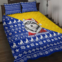 Bosnia and Herzegovina Christmas Quilt Bed Set with Husky Dog Santa Hat and Blue Yellow Snowflake Pattern - Wonder Print Shop