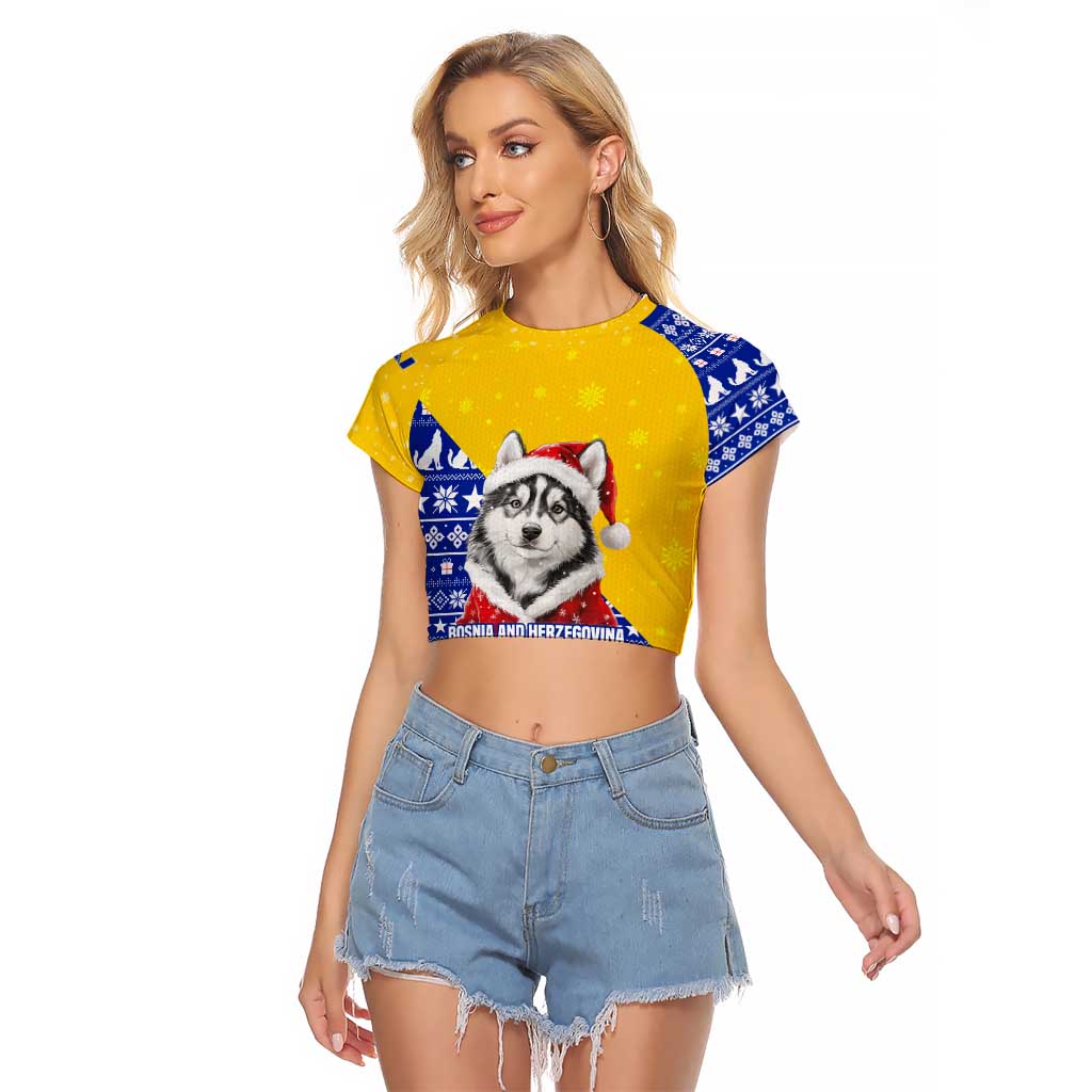 Bosnia and Herzegovina Christmas Raglan Cropped T Shirt with Husky Dog Santa Hat and Blue Yellow Snowflake Pattern - Wonder Print Shop