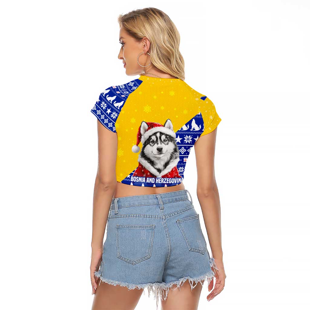 Bosnia and Herzegovina Christmas Raglan Cropped T Shirt with Husky Dog Santa Hat and Blue Yellow Snowflake Pattern - Wonder Print Shop