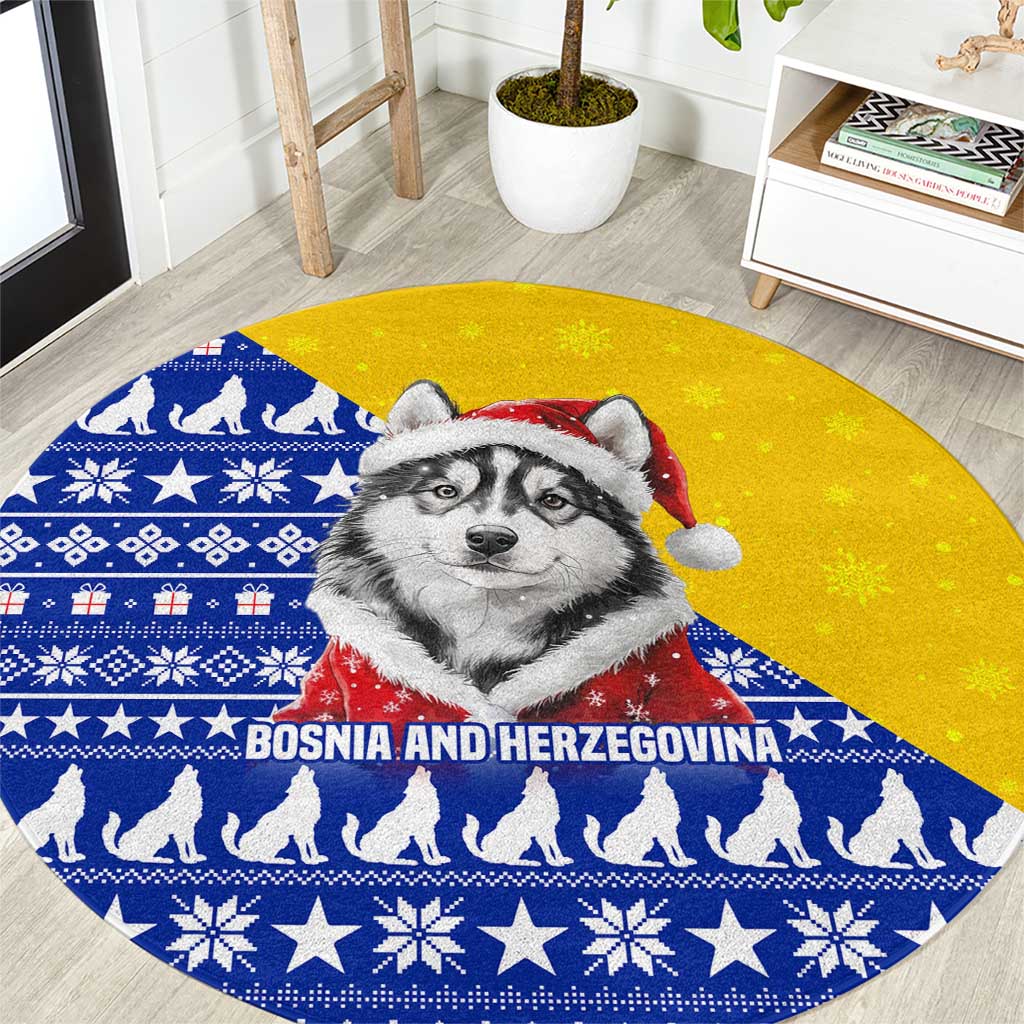 Bosnia and Herzegovina Christmas Round Carpet with Husky Dog Santa Hat and Blue Yellow Snowflake Pattern - Wonder Print Shop