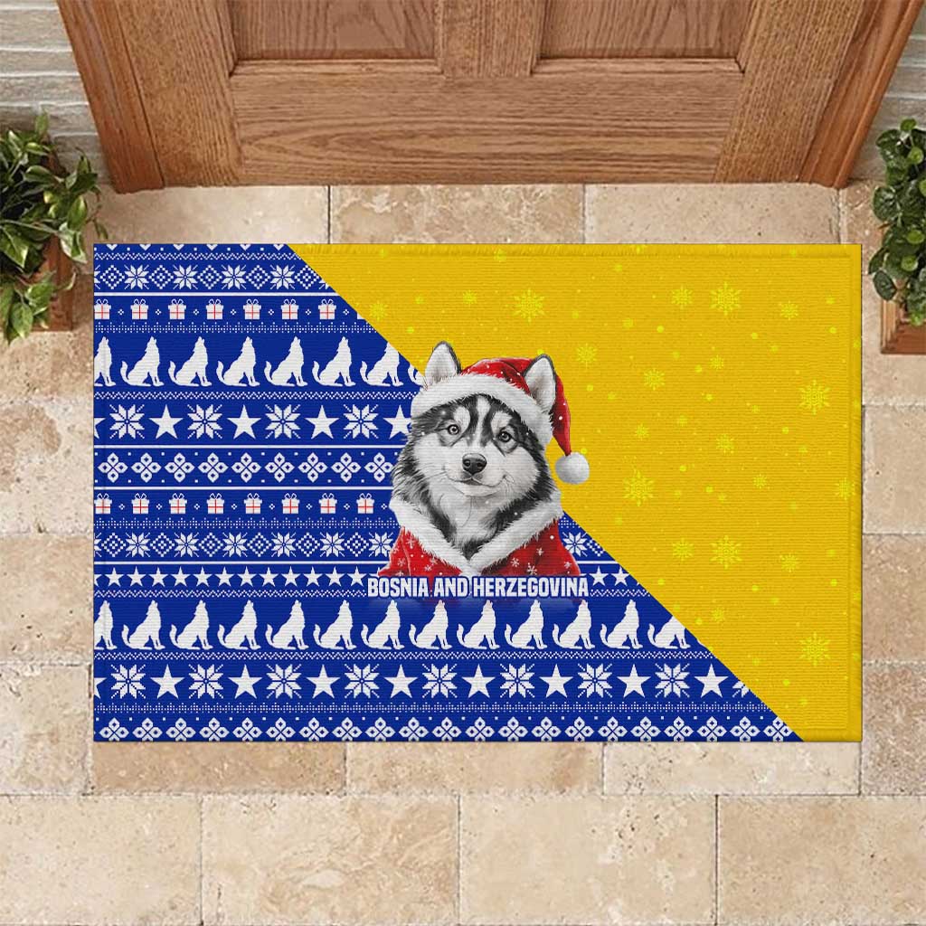 Bosnia and Herzegovina Christmas Rubber Doormat with Husky Dog Santa Hat and Blue Yellow Snowflake Pattern - Wonder Print Shop
