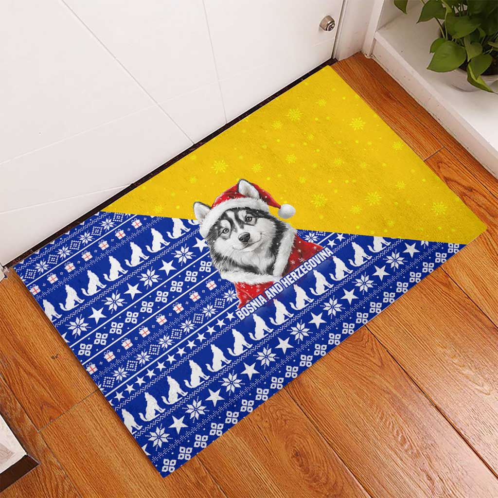 Bosnia and Herzegovina Christmas Rubber Doormat with Husky Dog Santa Hat and Blue Yellow Snowflake Pattern - Wonder Print Shop