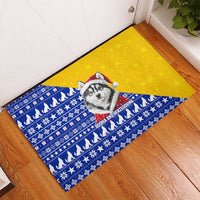 Bosnia and Herzegovina Christmas Rubber Doormat with Husky Dog Santa Hat and Blue Yellow Snowflake Pattern - Wonder Print Shop