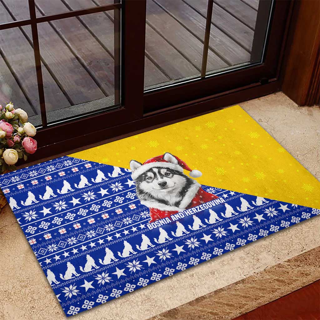Bosnia and Herzegovina Christmas Rubber Doormat with Husky Dog Santa Hat and Blue Yellow Snowflake Pattern - Wonder Print Shop