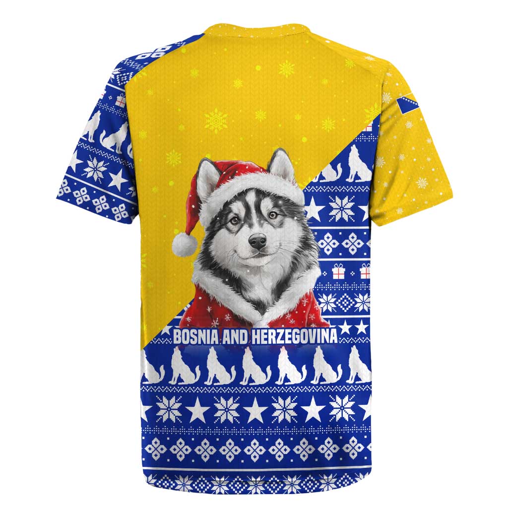 Bosnia and Herzegovina Christmas Rugby Jersey with Husky Dog Santa Hat and Blue Yellow Snowflake Pattern - Wonder Print Shop