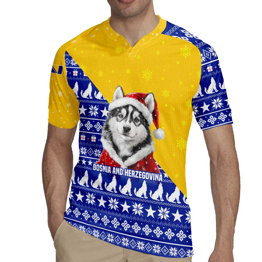 Bosnia and Herzegovina Christmas Rugby Jersey with Husky Dog Santa Hat and Blue Yellow Snowflake Pattern - Wonder Print Shop