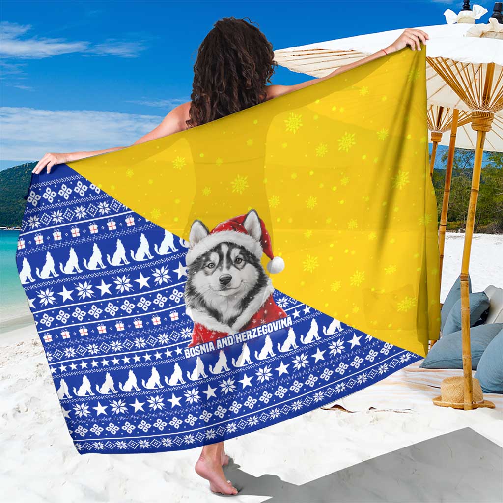 Bosnia and Herzegovina Christmas Sarong with Husky Dog Santa Hat and Blue Yellow Snowflake Pattern - Wonder Print Shop