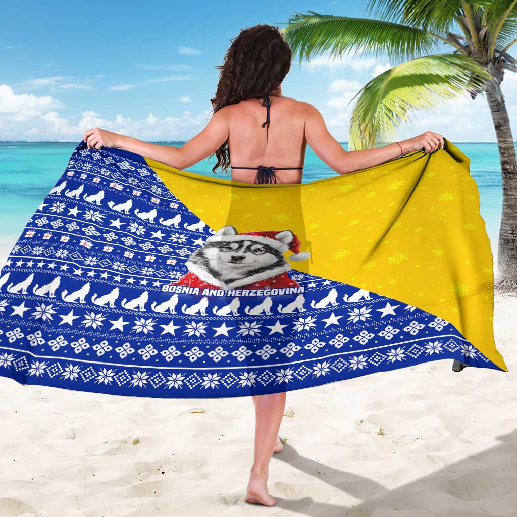 Bosnia and Herzegovina Christmas Sarong with Husky Dog Santa Hat and Blue Yellow Snowflake Pattern - Wonder Print Shop