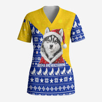 Bosnia and Herzegovina Christmas Scrub Top with Husky Dog Santa Hat and Blue Yellow Snowflake Pattern - Wonder Print Shop