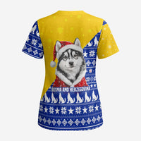 Bosnia and Herzegovina Christmas Scrub Top with Husky Dog Santa Hat and Blue Yellow Snowflake Pattern - Wonder Print Shop