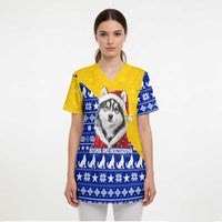 Bosnia and Herzegovina Christmas Scrub Top with Husky Dog Santa Hat and Blue Yellow Snowflake Pattern - Wonder Print Shop