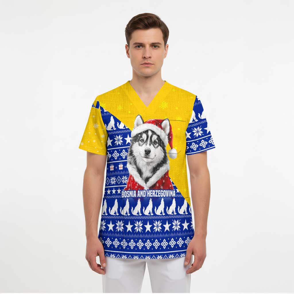 Bosnia and Herzegovina Christmas Scrub Top with Husky Dog Santa Hat and Blue Yellow Snowflake Pattern - Wonder Print Shop