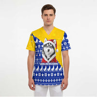 Bosnia and Herzegovina Christmas Scrub Top with Husky Dog Santa Hat and Blue Yellow Snowflake Pattern - Wonder Print Shop