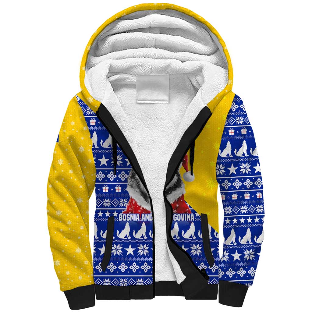 Bosnia and Herzegovina Christmas Sherpa Hoodie with Husky Dog Santa Hat and Blue Yellow Snowflake Pattern - Wonder Print Shop