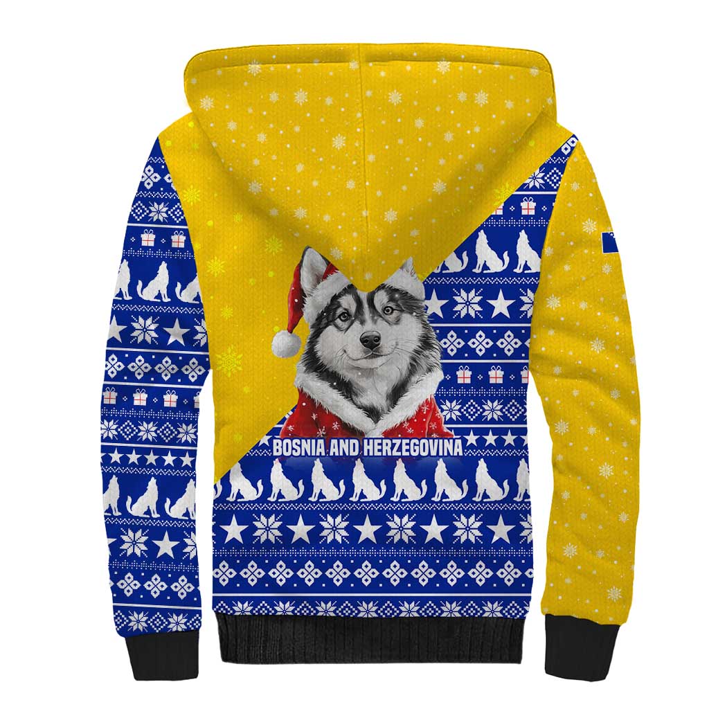 Bosnia and Herzegovina Christmas Sherpa Hoodie with Husky Dog Santa Hat and Blue Yellow Snowflake Pattern - Wonder Print Shop