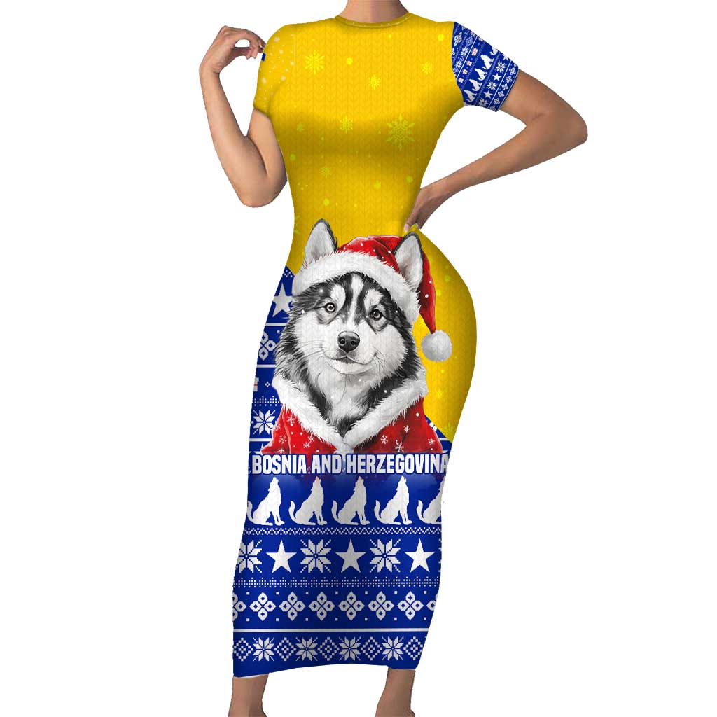 Bosnia and Herzegovina Christmas Short Sleeve Bodycon Dress with Husky Dog Santa Hat and Blue Yellow Snowflake Pattern - Wonder Print Shop
