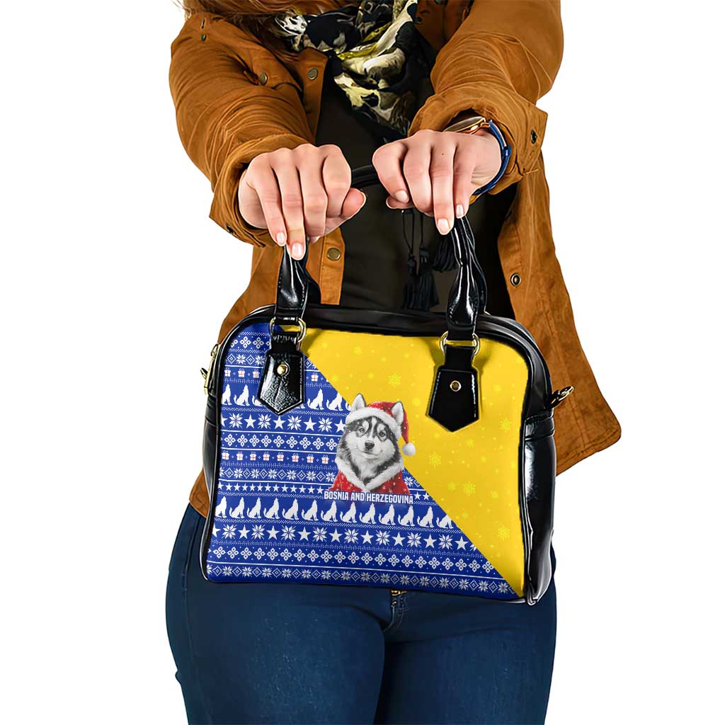 Bosnia and Herzegovina Christmas Shoulder Handbag with Husky Dog Santa Hat and Blue Yellow Snowflake Pattern - Wonder Print Shop