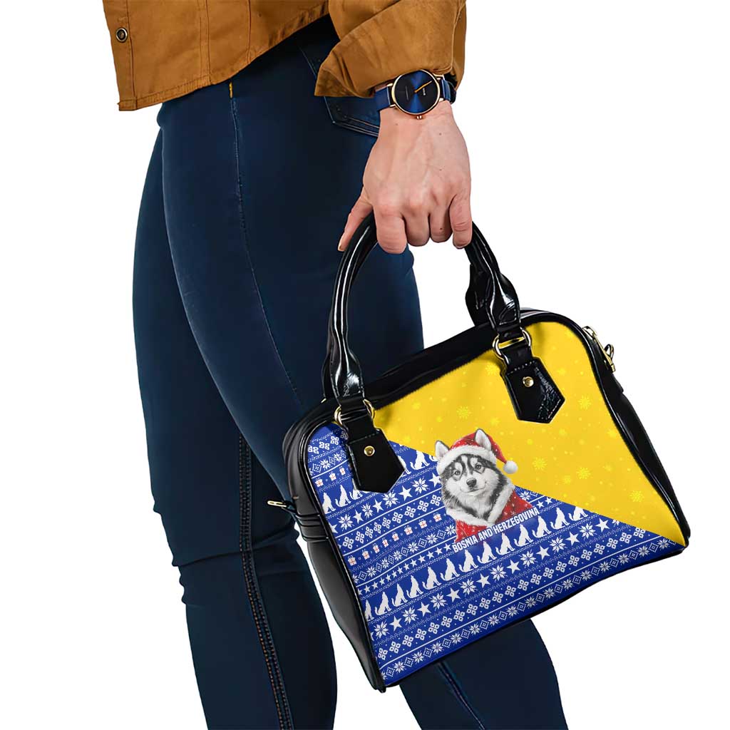 Bosnia and Herzegovina Christmas Shoulder Handbag with Husky Dog Santa Hat and Blue Yellow Snowflake Pattern - Wonder Print Shop