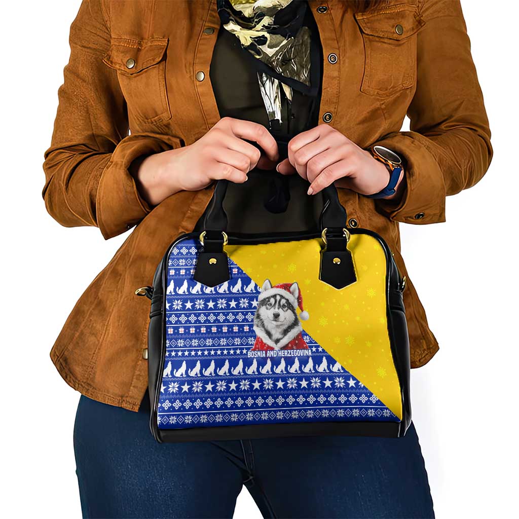 Bosnia and Herzegovina Christmas Shoulder Handbag with Husky Dog Santa Hat and Blue Yellow Snowflake Pattern - Wonder Print Shop