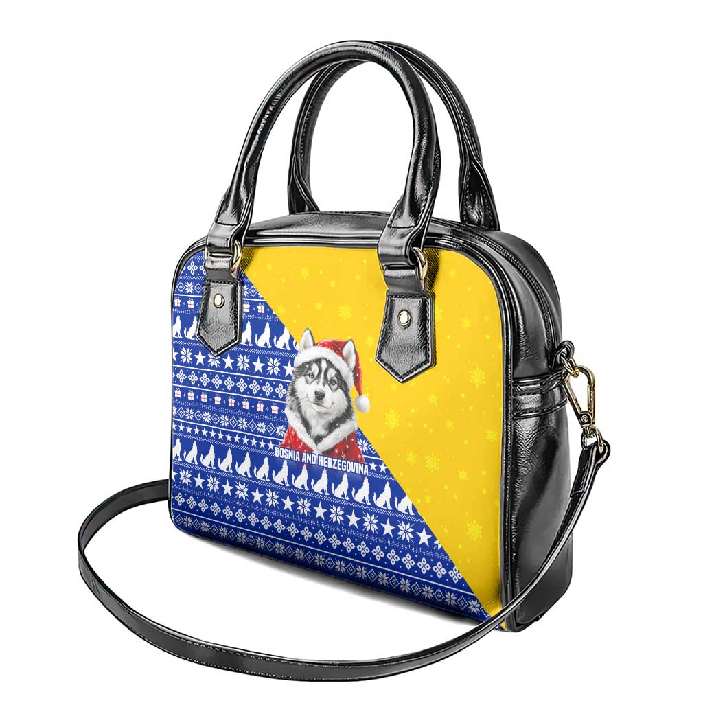 Bosnia and Herzegovina Christmas Shoulder Handbag with Husky Dog Santa Hat and Blue Yellow Snowflake Pattern - Wonder Print Shop