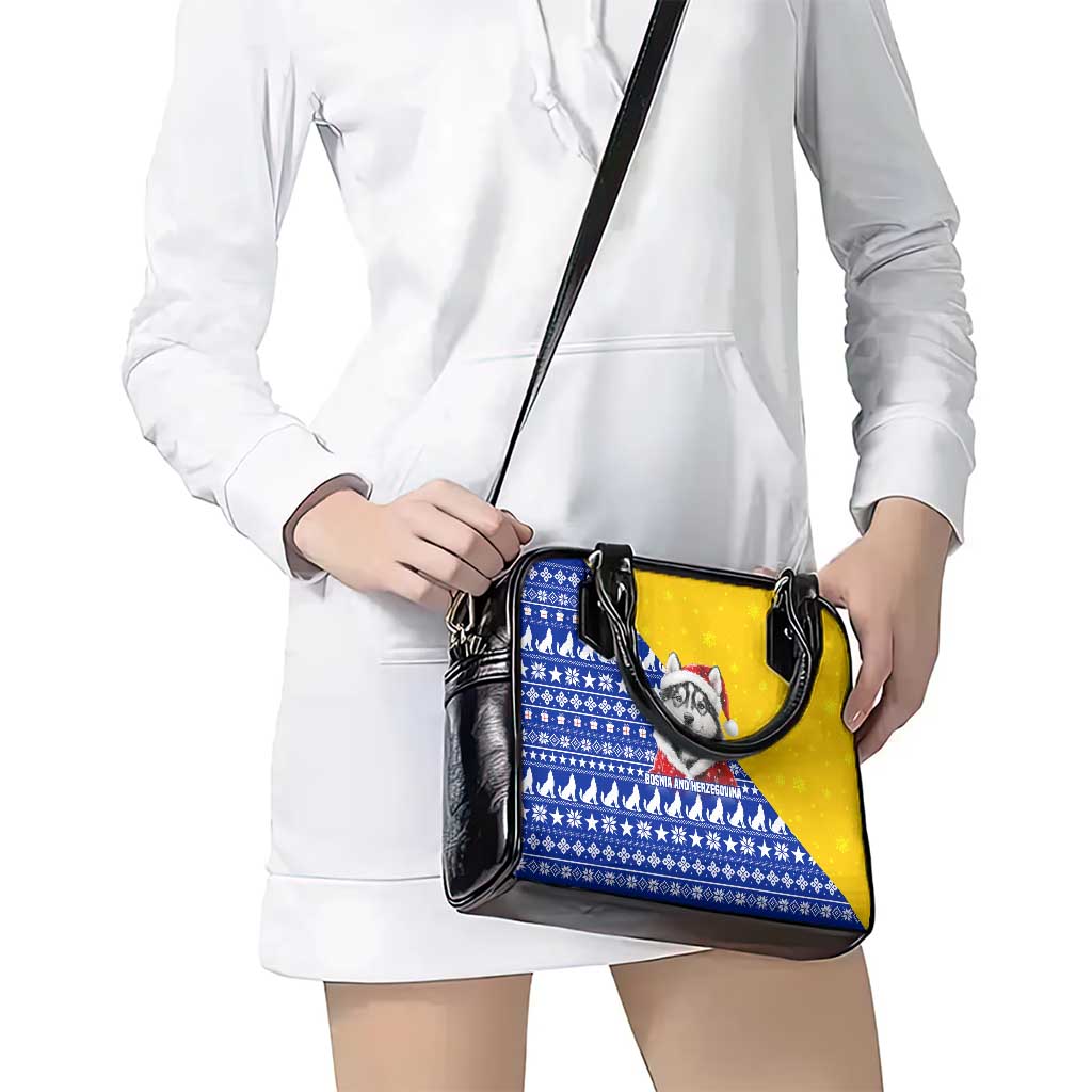 Bosnia and Herzegovina Christmas Shoulder Handbag with Husky Dog Santa Hat and Blue Yellow Snowflake Pattern - Wonder Print Shop