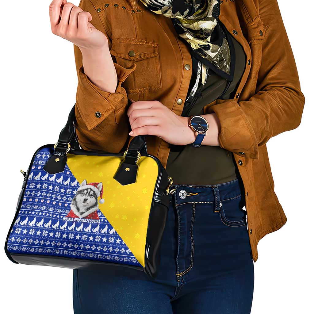 Bosnia and Herzegovina Christmas Shoulder Handbag with Husky Dog Santa Hat and Blue Yellow Snowflake Pattern - Wonder Print Shop