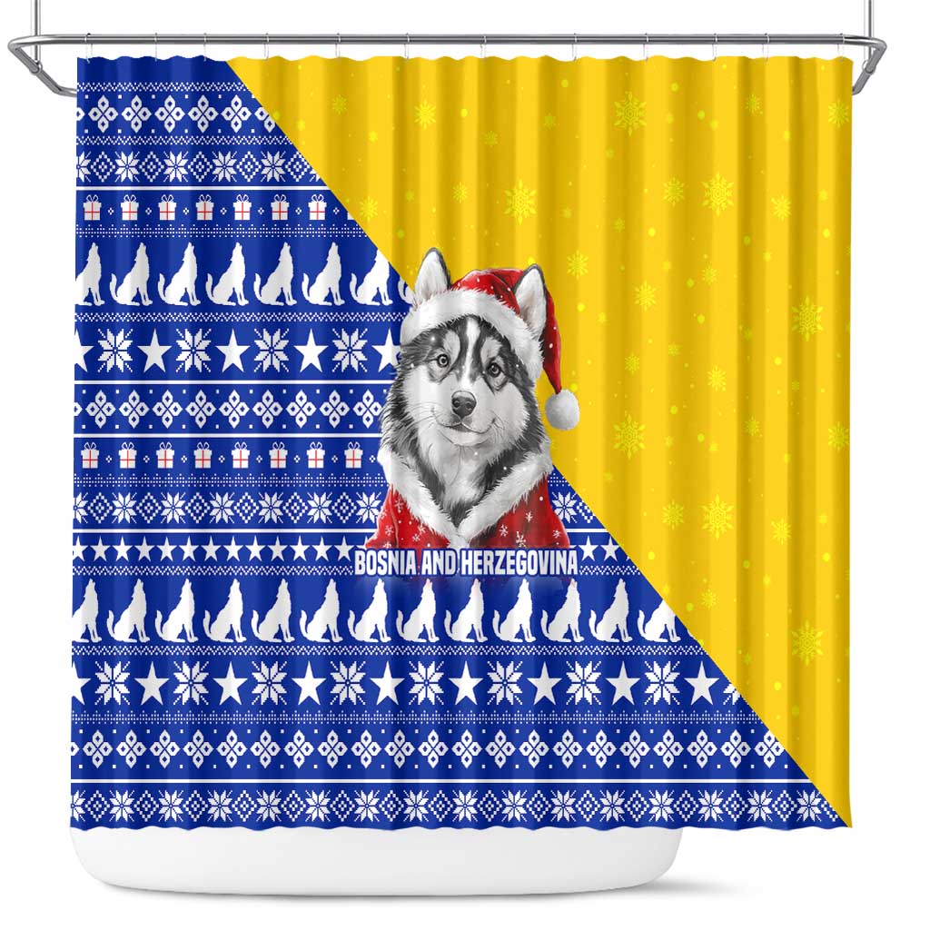 Bosnia and Herzegovina Christmas Shower Curtain with Husky Dog Santa Hat and Blue Yellow Snowflake Pattern - Wonder Print Shop
