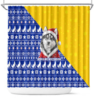 Bosnia and Herzegovina Christmas Shower Curtain with Husky Dog Santa Hat and Blue Yellow Snowflake Pattern - Wonder Print Shop