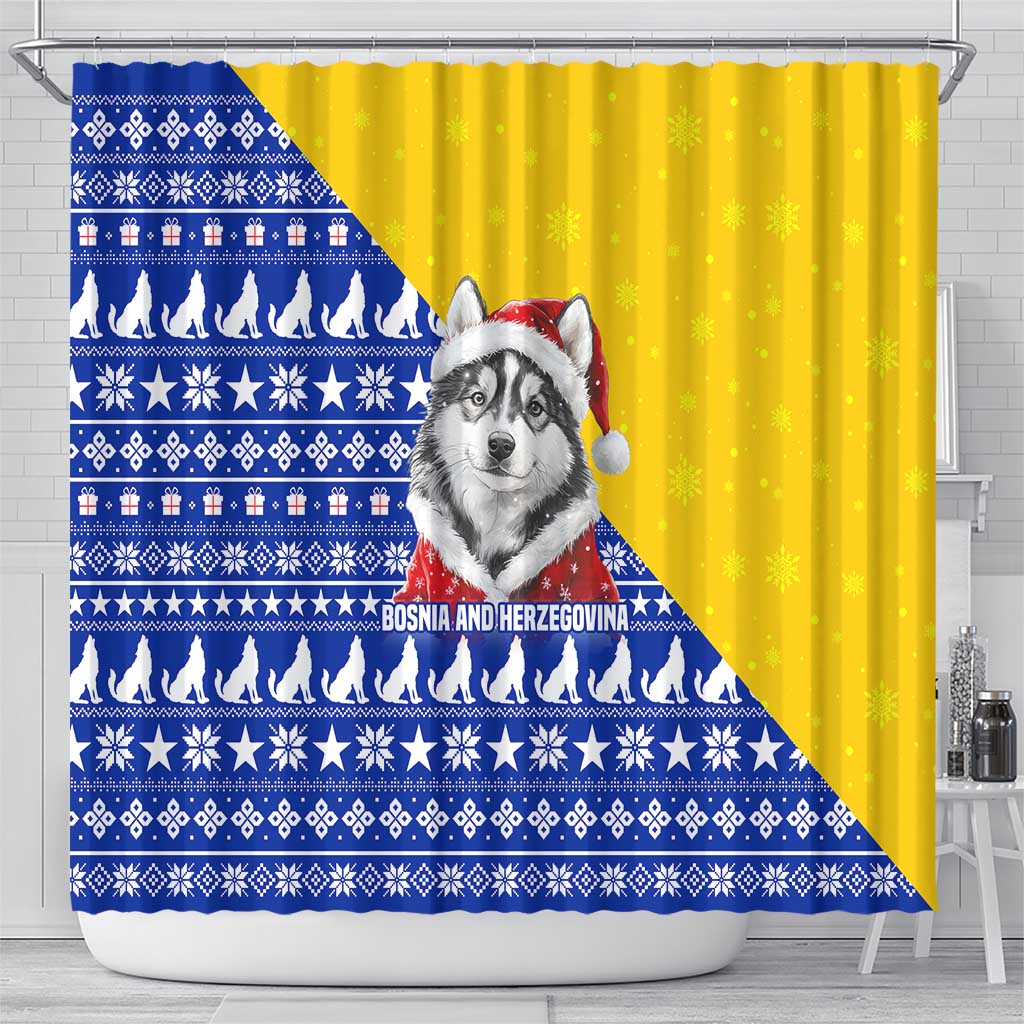 Bosnia and Herzegovina Christmas Shower Curtain with Husky Dog Santa Hat and Blue Yellow Snowflake Pattern - Wonder Print Shop