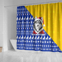 Bosnia and Herzegovina Christmas Shower Curtain with Husky Dog Santa Hat and Blue Yellow Snowflake Pattern - Wonder Print Shop