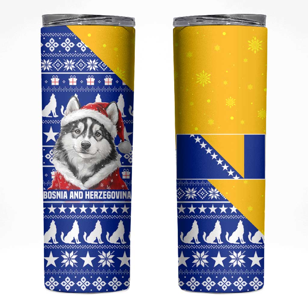 Bosnia and Herzegovina Christmas Skinny Tumbler with Husky Dog Santa Hat and Blue Yellow Snowflake Pattern - Wonder Print Shop