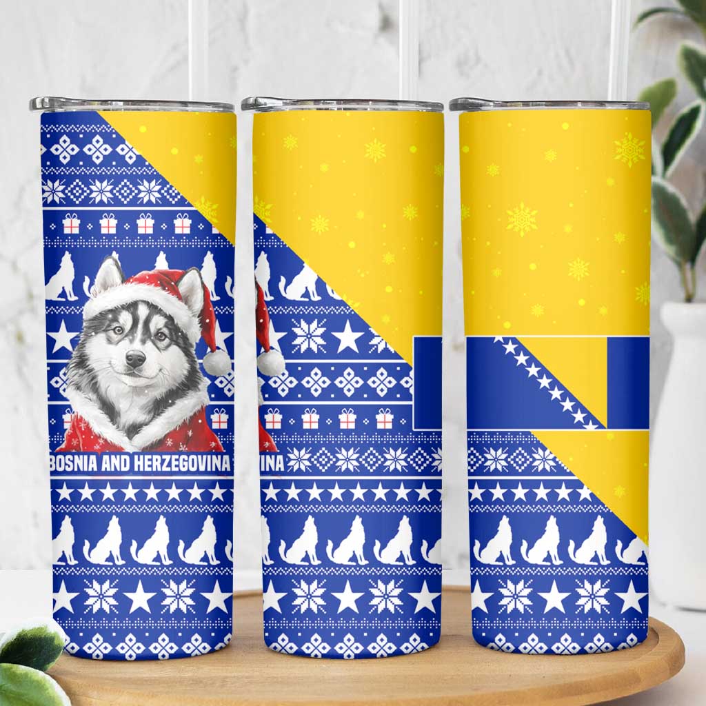 Bosnia and Herzegovina Christmas Skinny Tumbler with Husky Dog Santa Hat and Blue Yellow Snowflake Pattern - Wonder Print Shop
