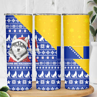 Bosnia and Herzegovina Christmas Skinny Tumbler with Husky Dog Santa Hat and Blue Yellow Snowflake Pattern - Wonder Print Shop