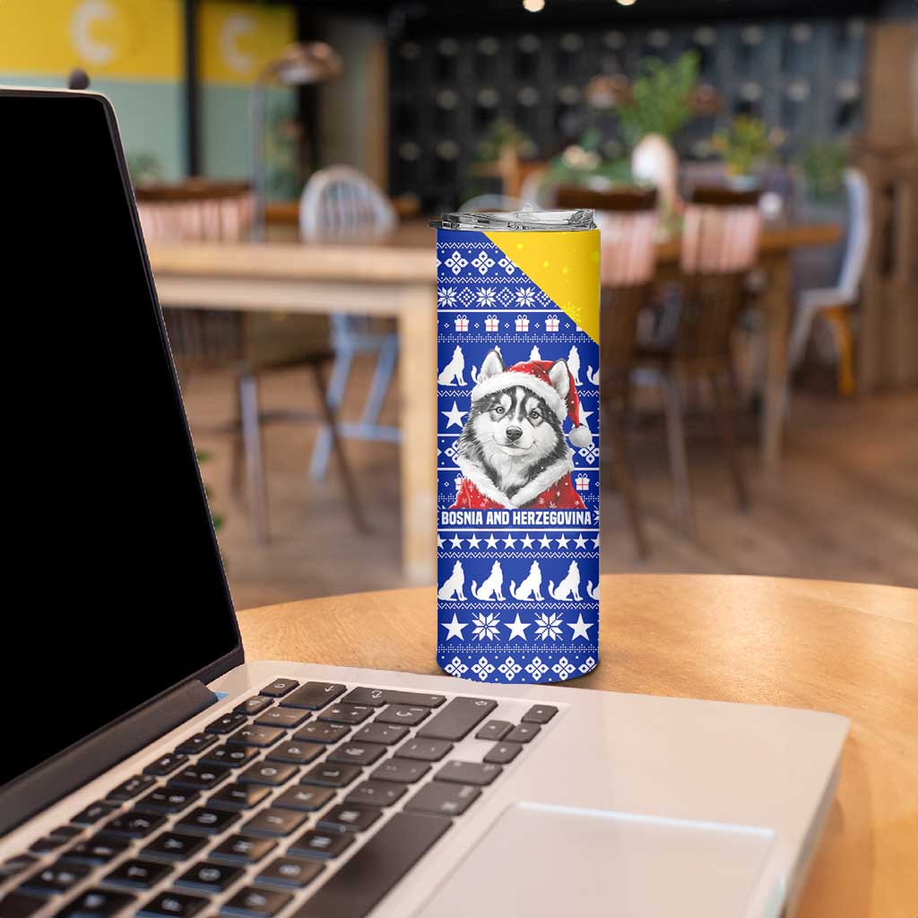 Bosnia and Herzegovina Christmas Skinny Tumbler with Husky Dog Santa Hat and Blue Yellow Snowflake Pattern - Wonder Print Shop