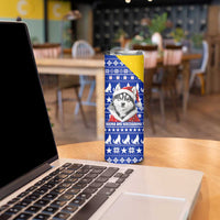 Bosnia and Herzegovina Christmas Skinny Tumbler with Husky Dog Santa Hat and Blue Yellow Snowflake Pattern - Wonder Print Shop