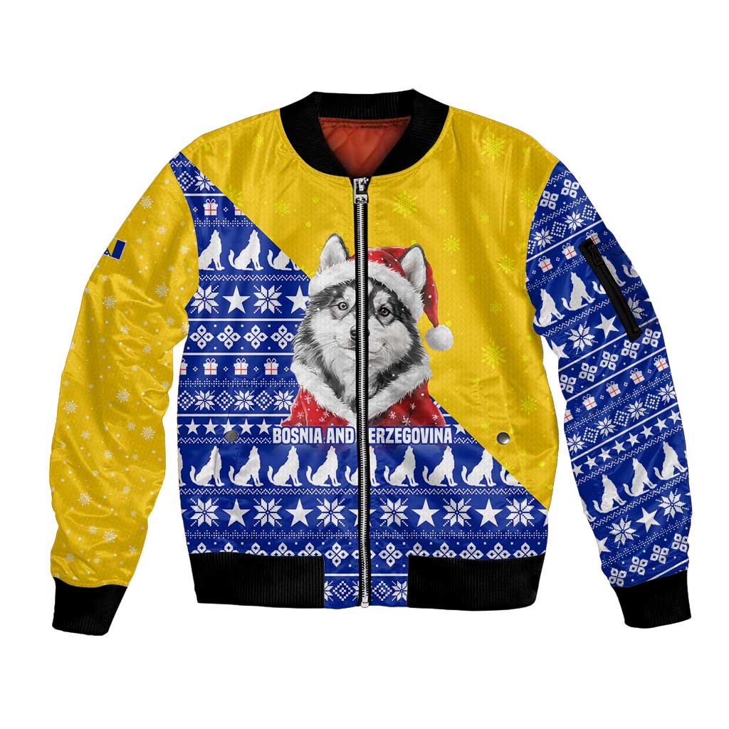 Bosnia and Herzegovina Christmas Sleeve Zip Bomber Jacket with Husky Dog Santa Hat and Blue Yellow Snowflake Pattern - Wonder Print Shop