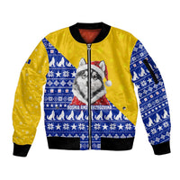 Bosnia and Herzegovina Christmas Sleeve Zip Bomber Jacket with Husky Dog Santa Hat and Blue Yellow Snowflake Pattern - Wonder Print Shop