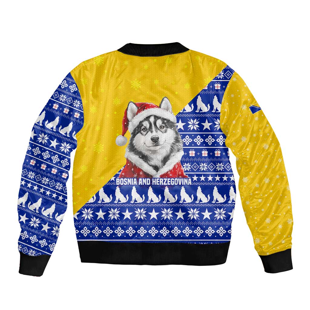 Bosnia and Herzegovina Christmas Sleeve Zip Bomber Jacket with Husky Dog Santa Hat and Blue Yellow Snowflake Pattern - Wonder Print Shop