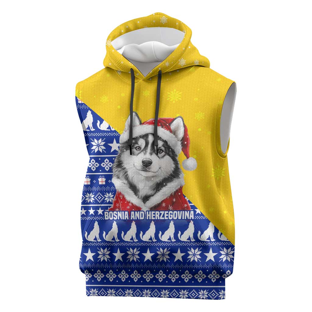 Bosnia and Herzegovina Christmas Sleeveless Hoodie with Husky Dog Santa Hat and Blue Yellow Snowflake Pattern - Wonder Print Shop