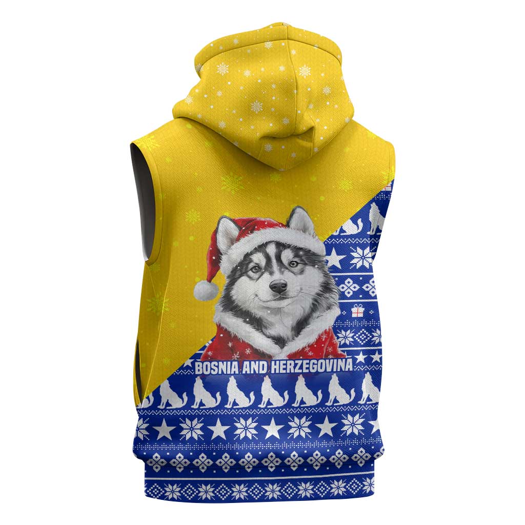 Bosnia and Herzegovina Christmas Sleeveless Hoodie with Husky Dog Santa Hat and Blue Yellow Snowflake Pattern - Wonder Print Shop