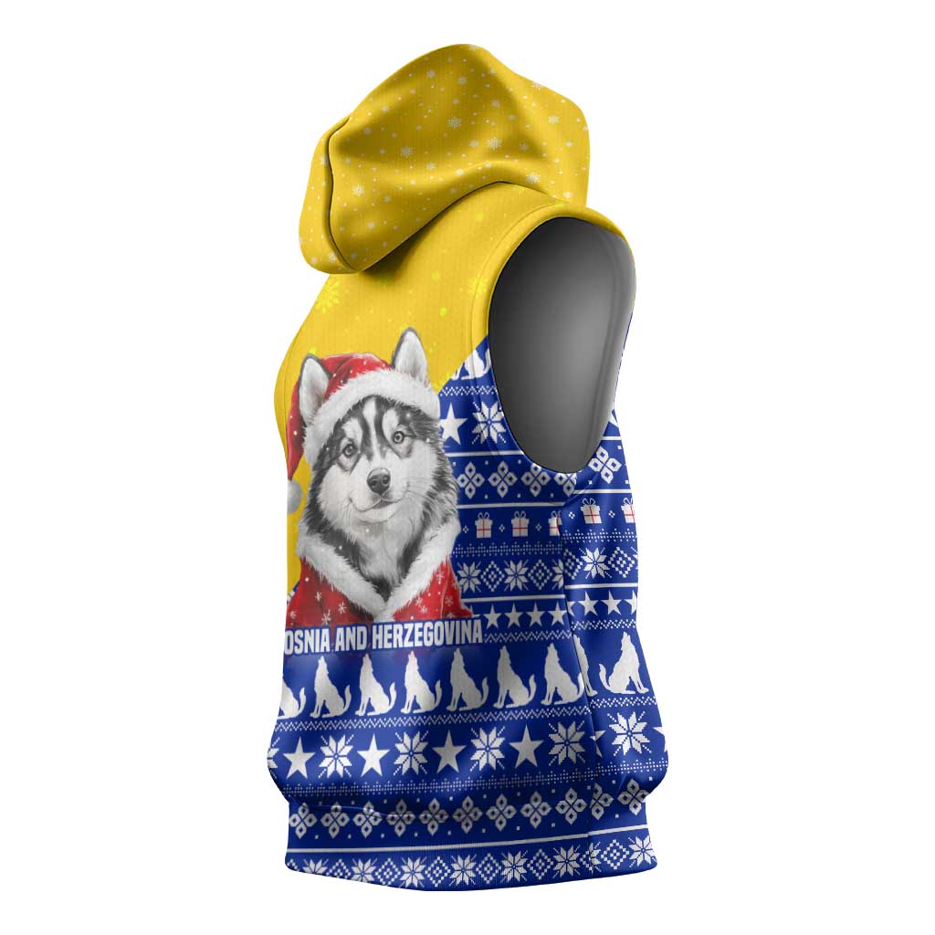 Bosnia and Herzegovina Christmas Sleeveless Hoodie with Husky Dog Santa Hat and Blue Yellow Snowflake Pattern - Wonder Print Shop