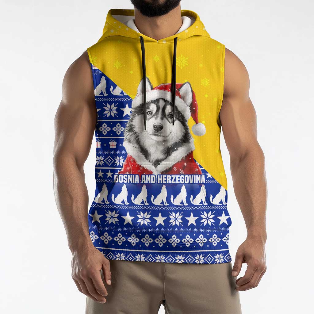 Bosnia and Herzegovina Christmas Sleeveless Hoodie with Husky Dog Santa Hat and Blue Yellow Snowflake Pattern - Wonder Print Shop