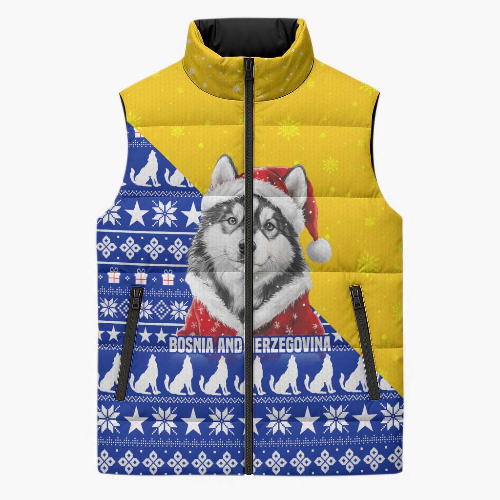 Bosnia and Herzegovina Christmas Sleeveless Puffer Jacket with Husky Dog Santa Hat and Blue Yellow Snowflake Pattern - Wonder Print Shop