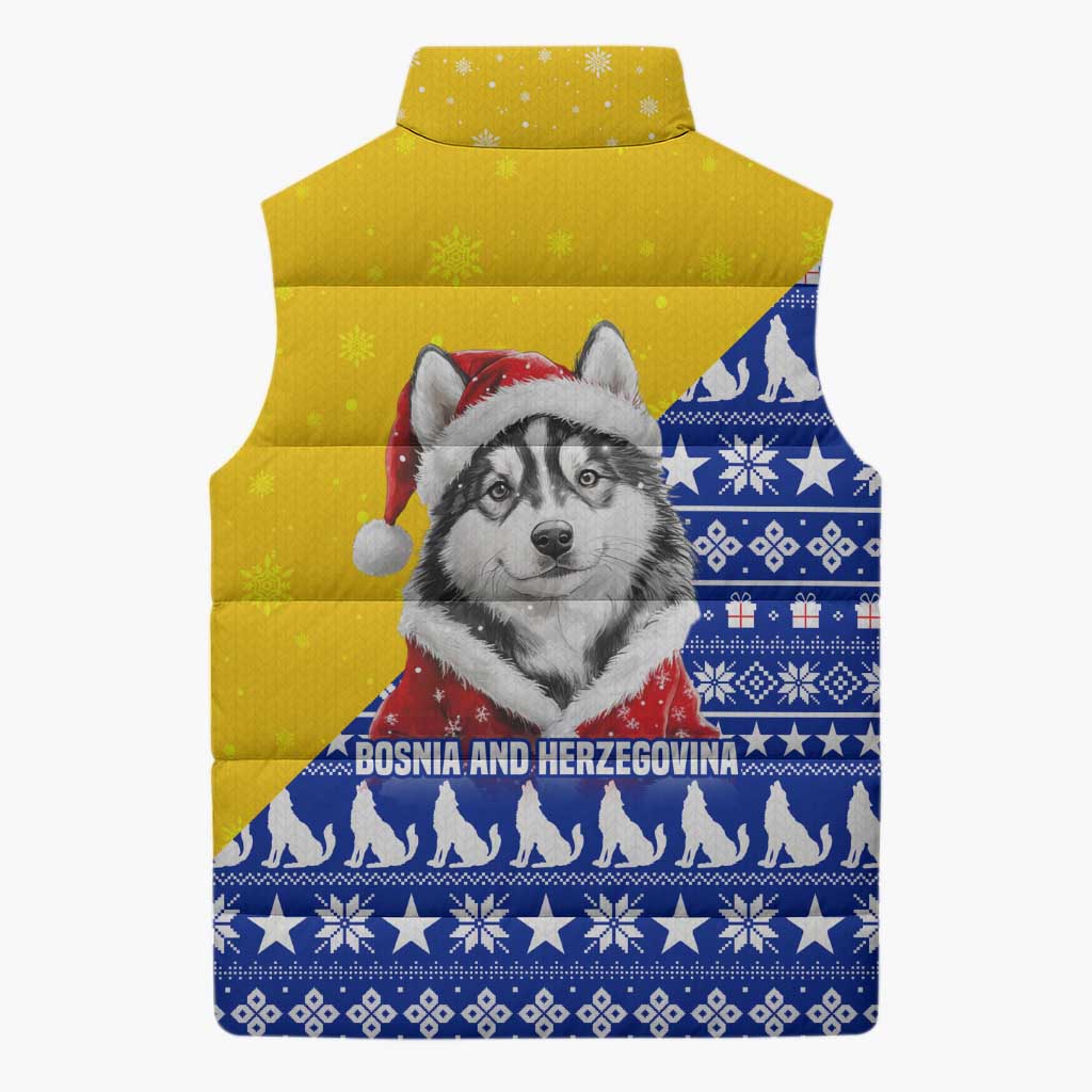 Bosnia and Herzegovina Christmas Sleeveless Puffer Jacket with Husky Dog Santa Hat and Blue Yellow Snowflake Pattern - Wonder Print Shop