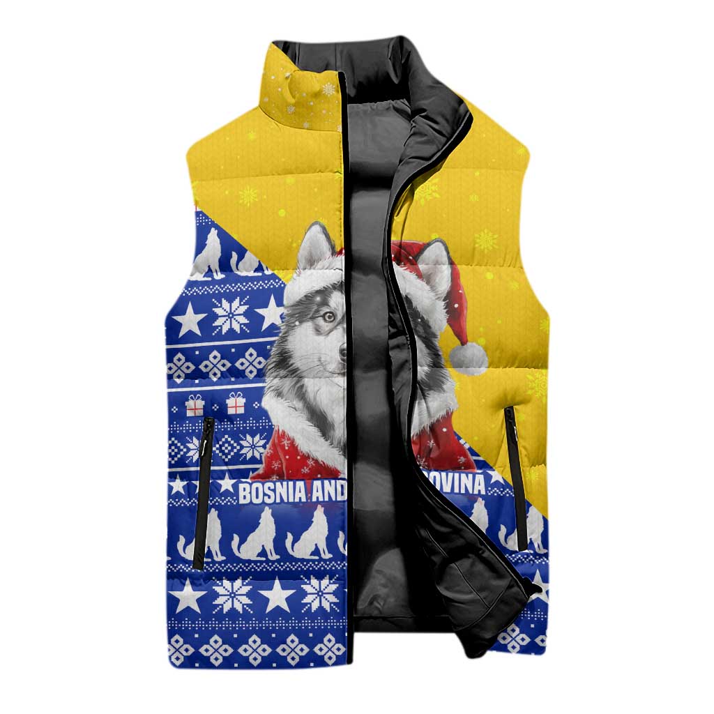 Bosnia and Herzegovina Christmas Sleeveless Puffer Jacket with Husky Dog Santa Hat and Blue Yellow Snowflake Pattern - Wonder Print Shop