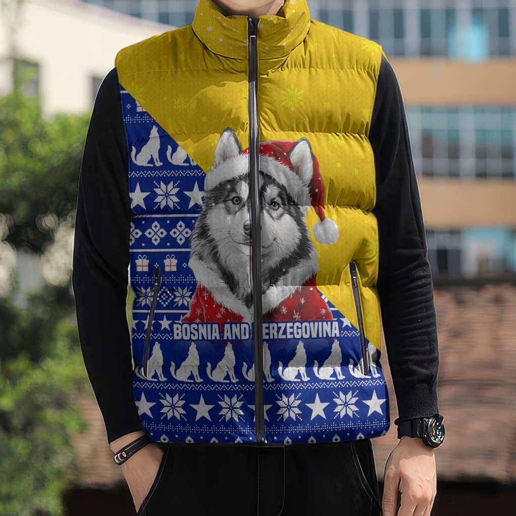 Bosnia and Herzegovina Christmas Sleeveless Puffer Jacket with Husky Dog Santa Hat and Blue Yellow Snowflake Pattern - Wonder Print Shop
