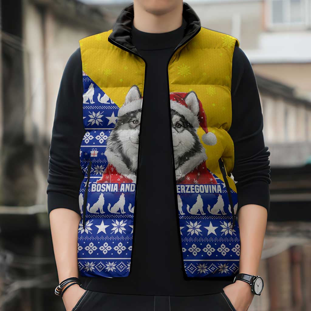 Bosnia and Herzegovina Christmas Sleeveless Puffer Jacket with Husky Dog Santa Hat and Blue Yellow Snowflake Pattern - Wonder Print Shop